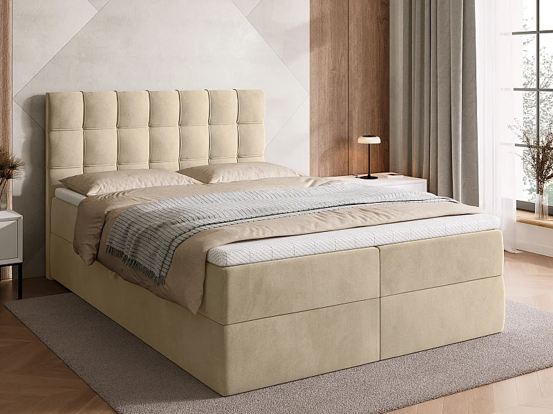 Lit boxspring avec rangement DETROIT - matelas - surmatelas - beige - 140x200 cm