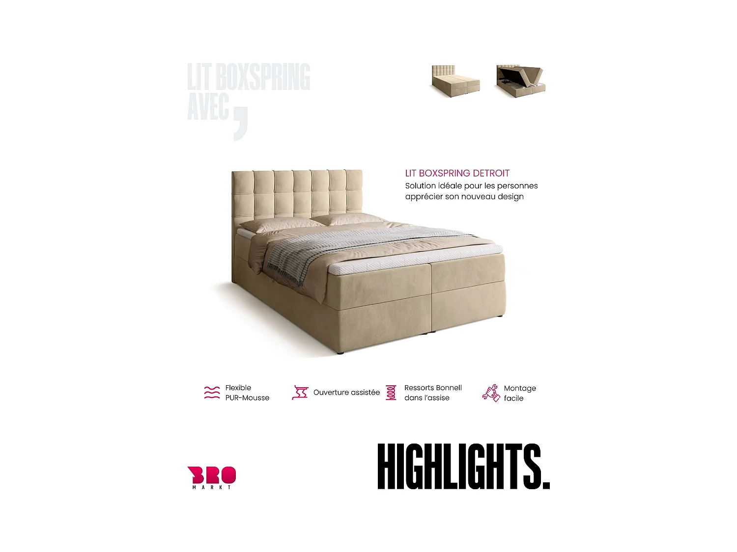 Boxspringbed met hoofdeinde, matras en dekmatras - DETROIT - 140x200 - lichtbeige