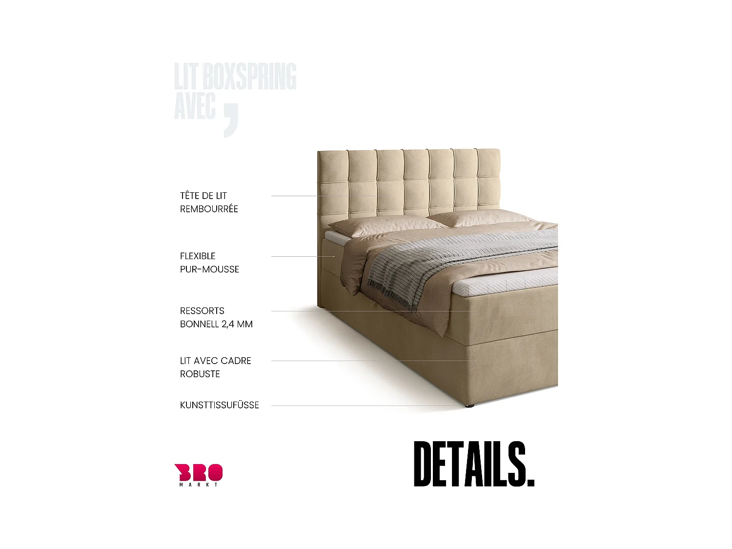 Boxspringbed met hoofdeinde, matras en dekmatras - DETROIT - 140x200 - lichtbeige