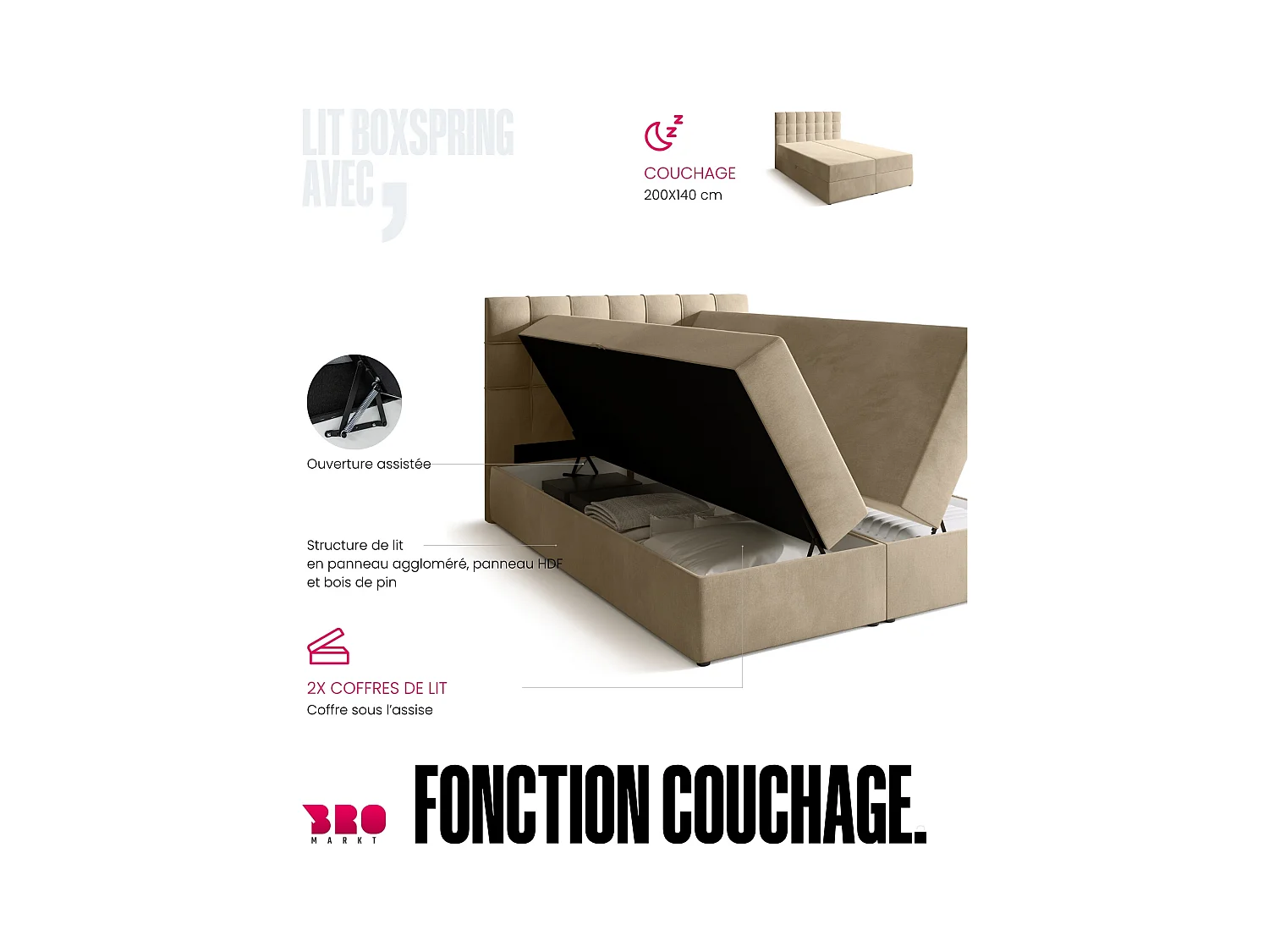 Boxspringbed met hoofdeinde, matras en dekmatras - DETROIT - 140x200 - lichtbeige