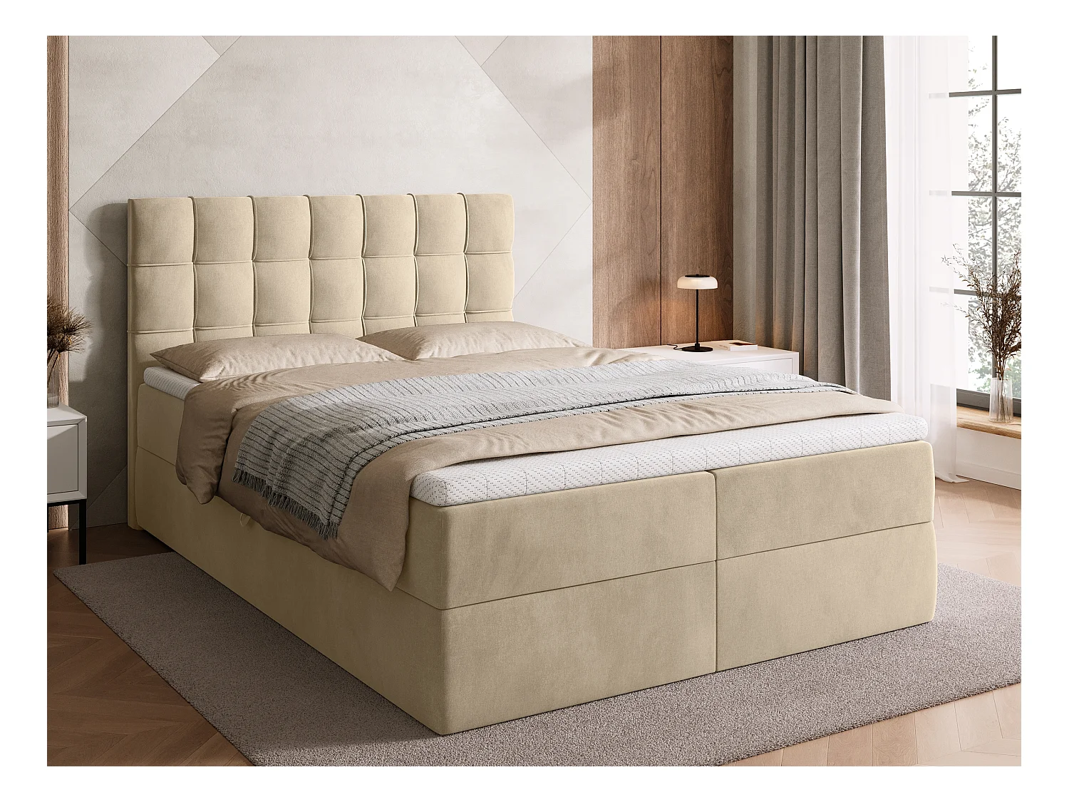 Lit boxspring avec rangement DETROIT - matelas - surmatelas - beige - 140x200 cm