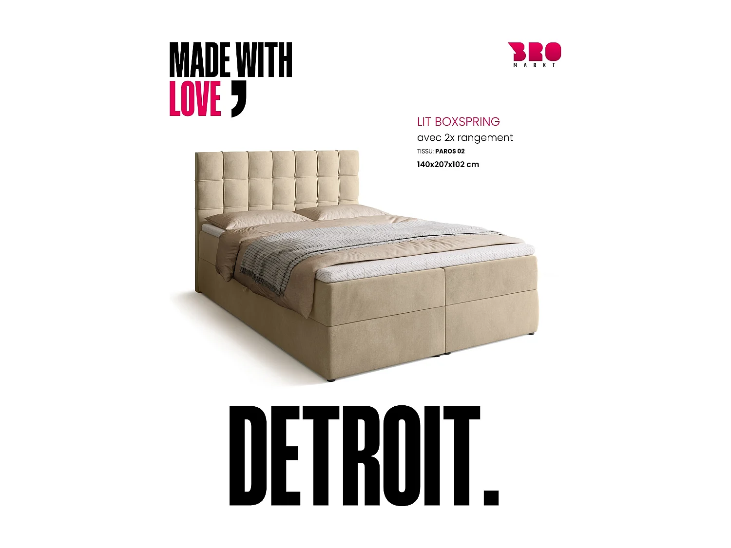 Lit boxspring avec rangement DETROIT - matelas - surmatelas - beige - 140x200 cm