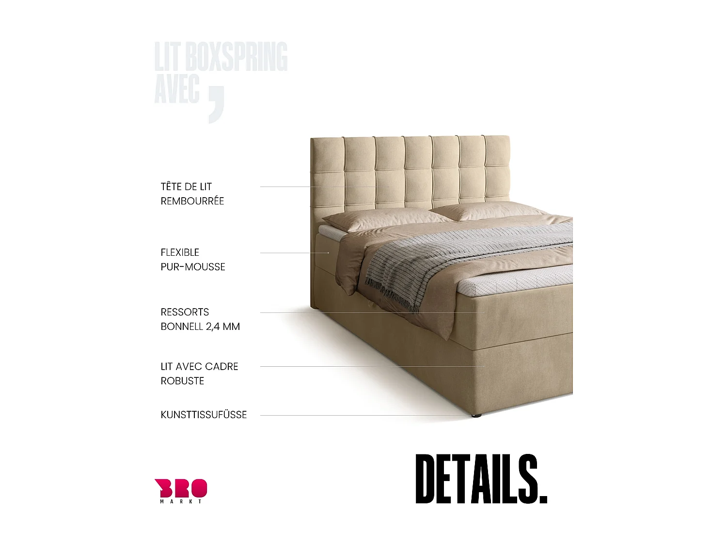 Lit boxspring avec rangement DETROIT - matelas - surmatelas - beige - 140x200 cm