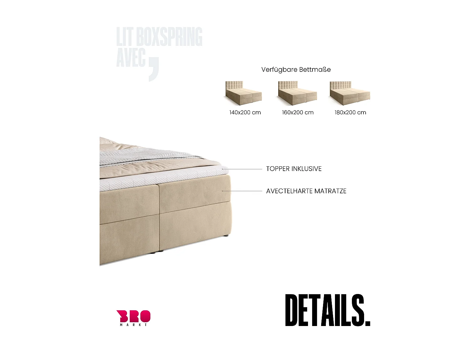 Lit boxspring avec rangement DETROIT - matelas - surmatelas - beige - 140x200 cm