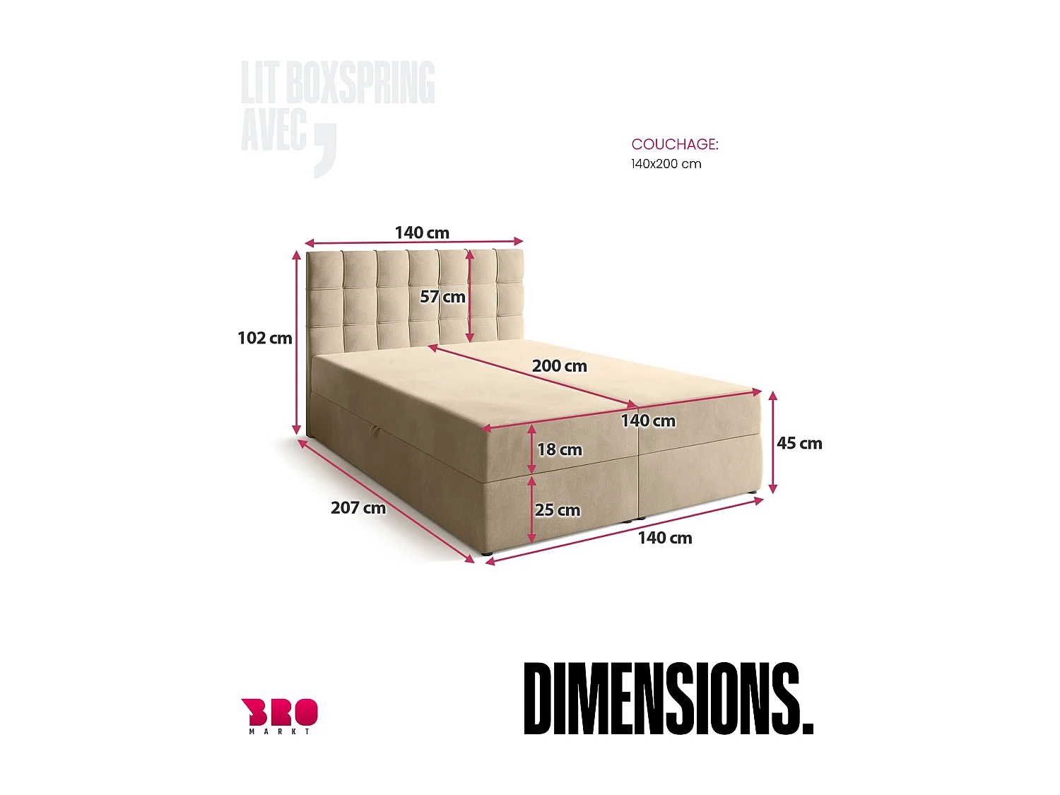 Lit boxspring avec rangement DETROIT - matelas - surmatelas - beige - 140x200 cm