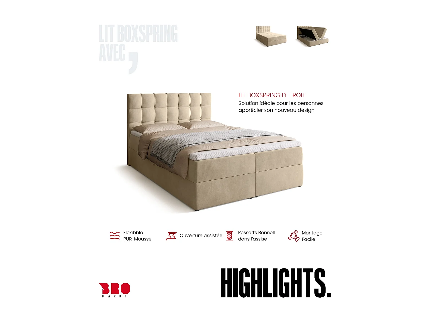 Lit boxspring avec rangement DETROIT - matelas - surmatelas - beige - 140x200 cm