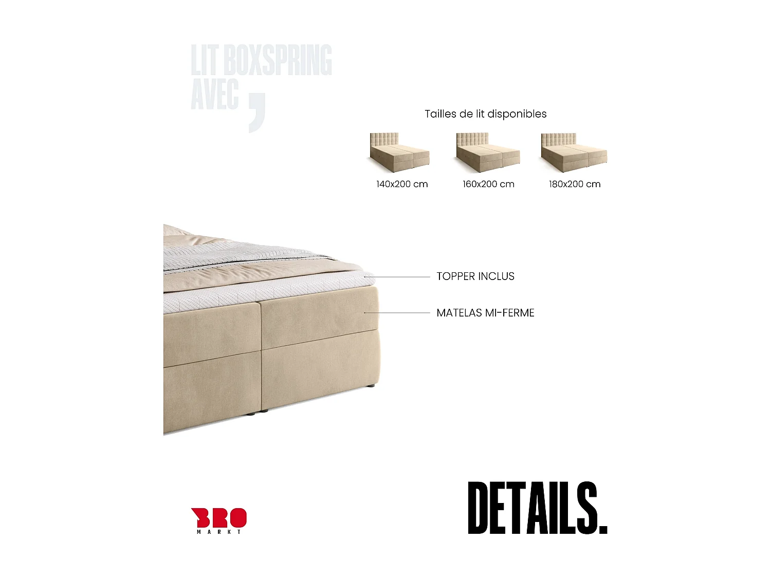 Lit boxspring avec rangement DETROIT - matelas - surmatelas - beige - 140x200 cm
