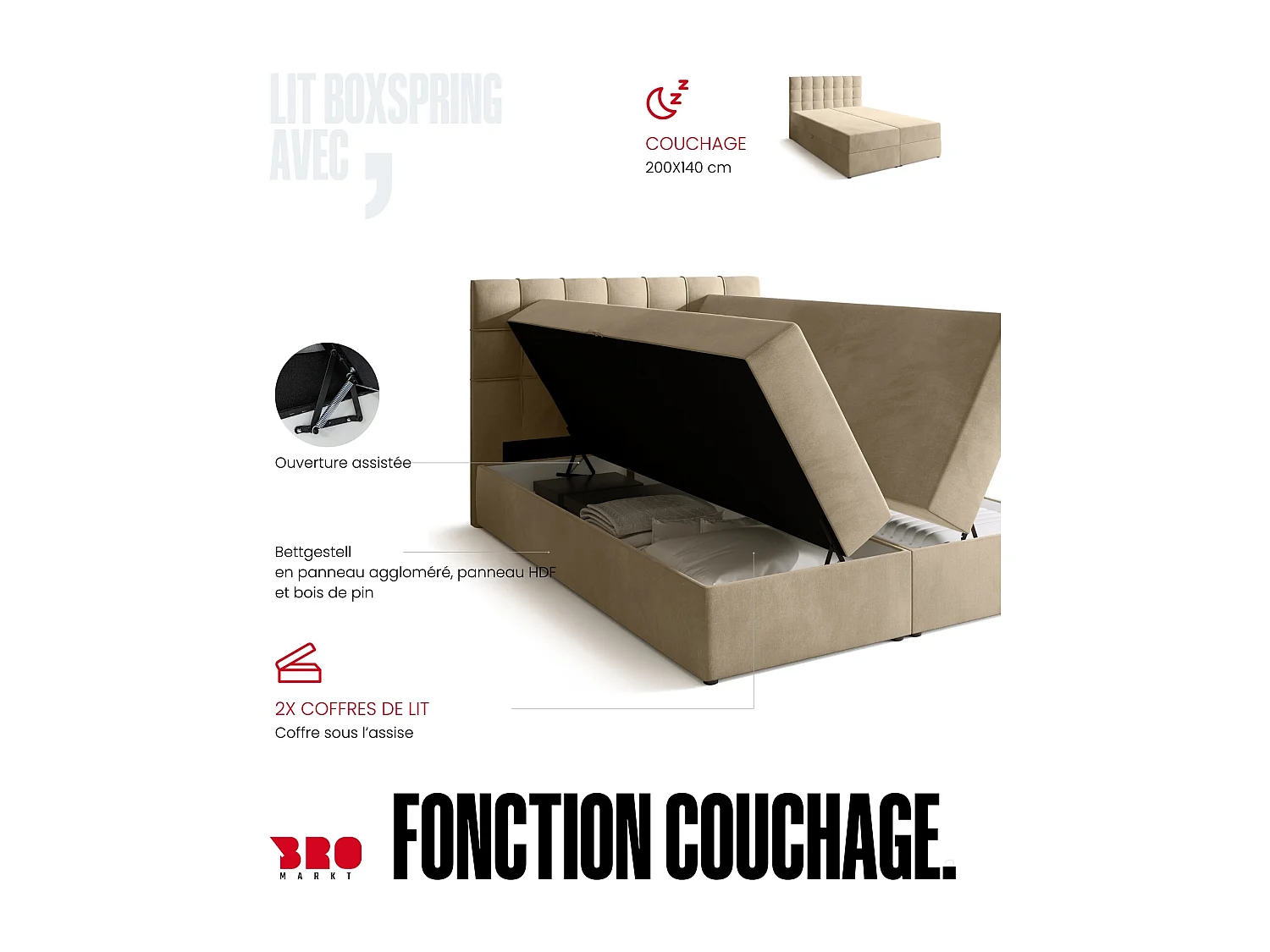 Lit boxspring avec rangement DETROIT - matelas - surmatelas - beige - 140x200 cm