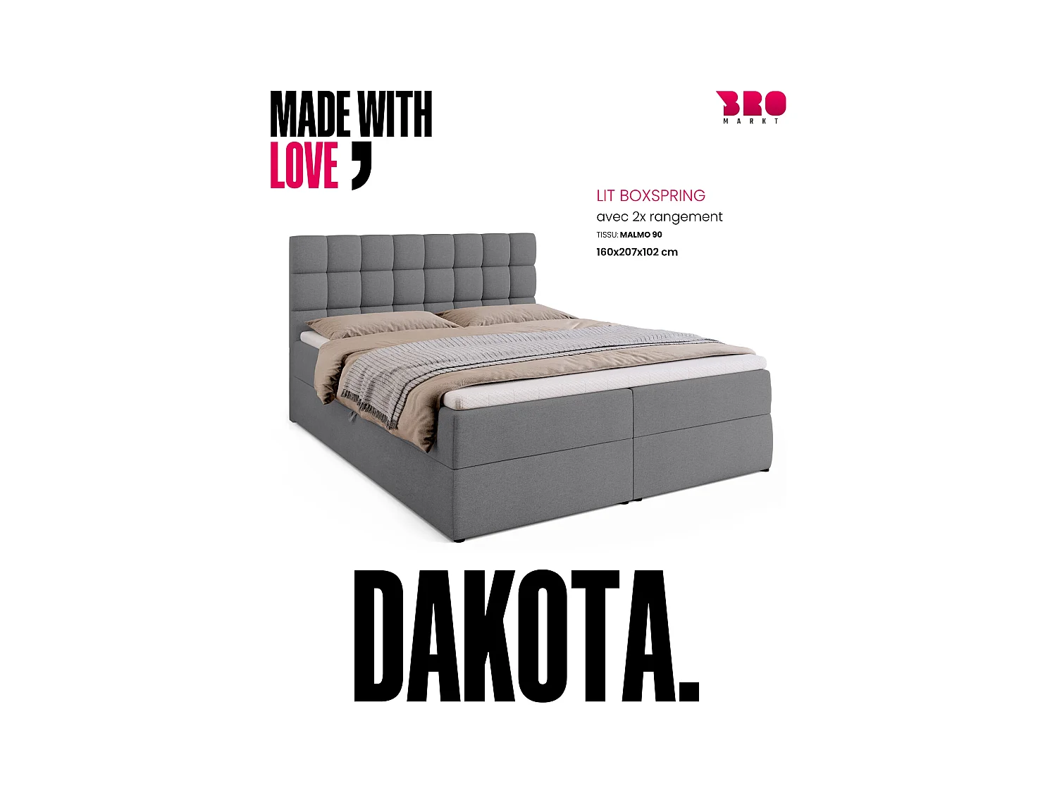 Boxspringbed met hoofdeinde, matras en dekmatras - DAKOTA - 160x200 - grijs