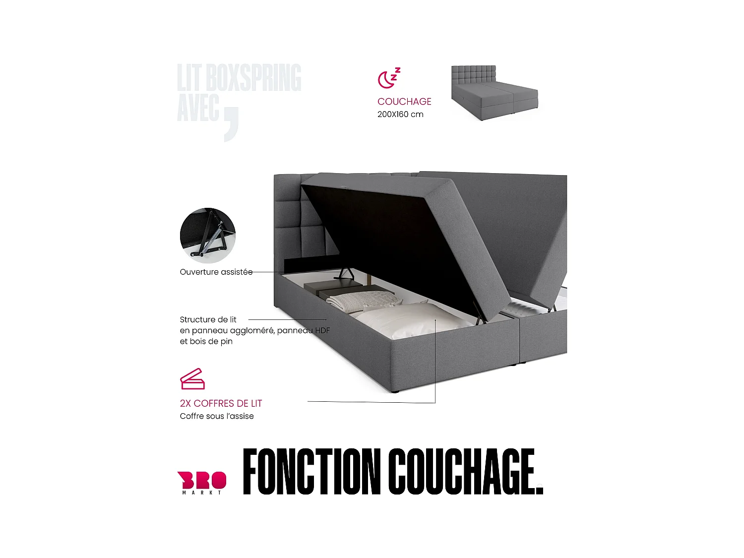 Boxspringbed met hoofdeinde, matras en dekmatras - DAKOTA - 160x200 - grijs