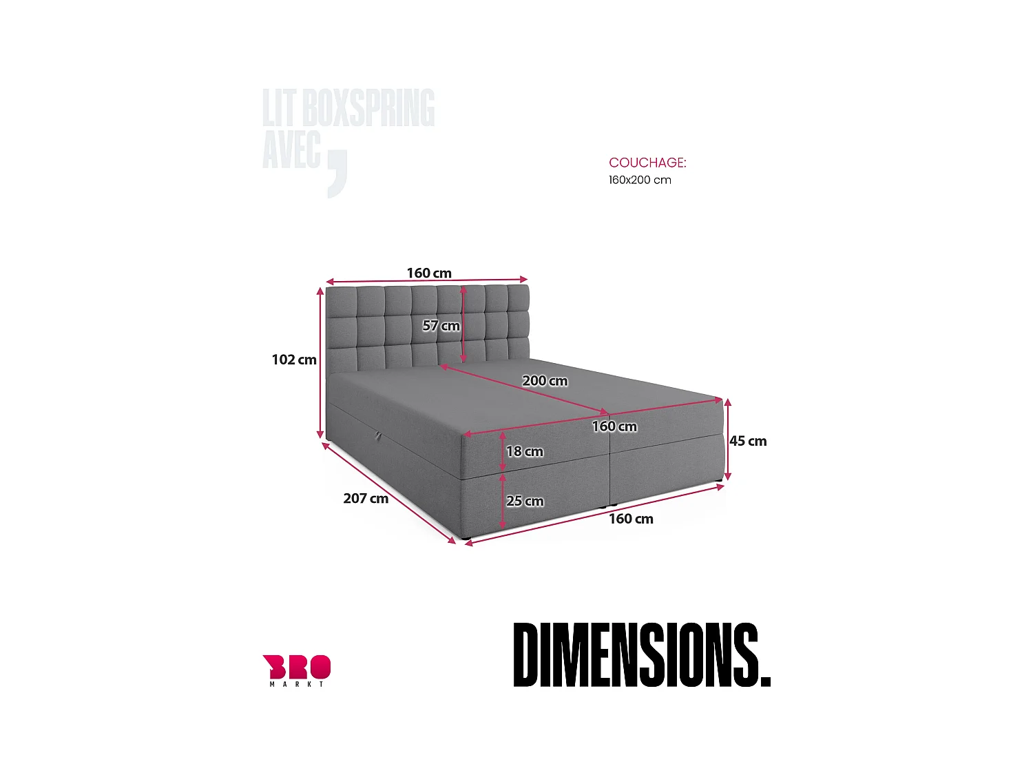 Boxspringbed met hoofdeinde, matras en dekmatras - DAKOTA - 160x200 - grijs