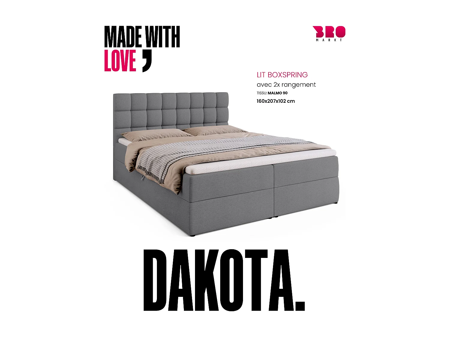 Lit boxspring avec rangement DAKOTA - matelas - surmatelas - gris - 160x200 cm