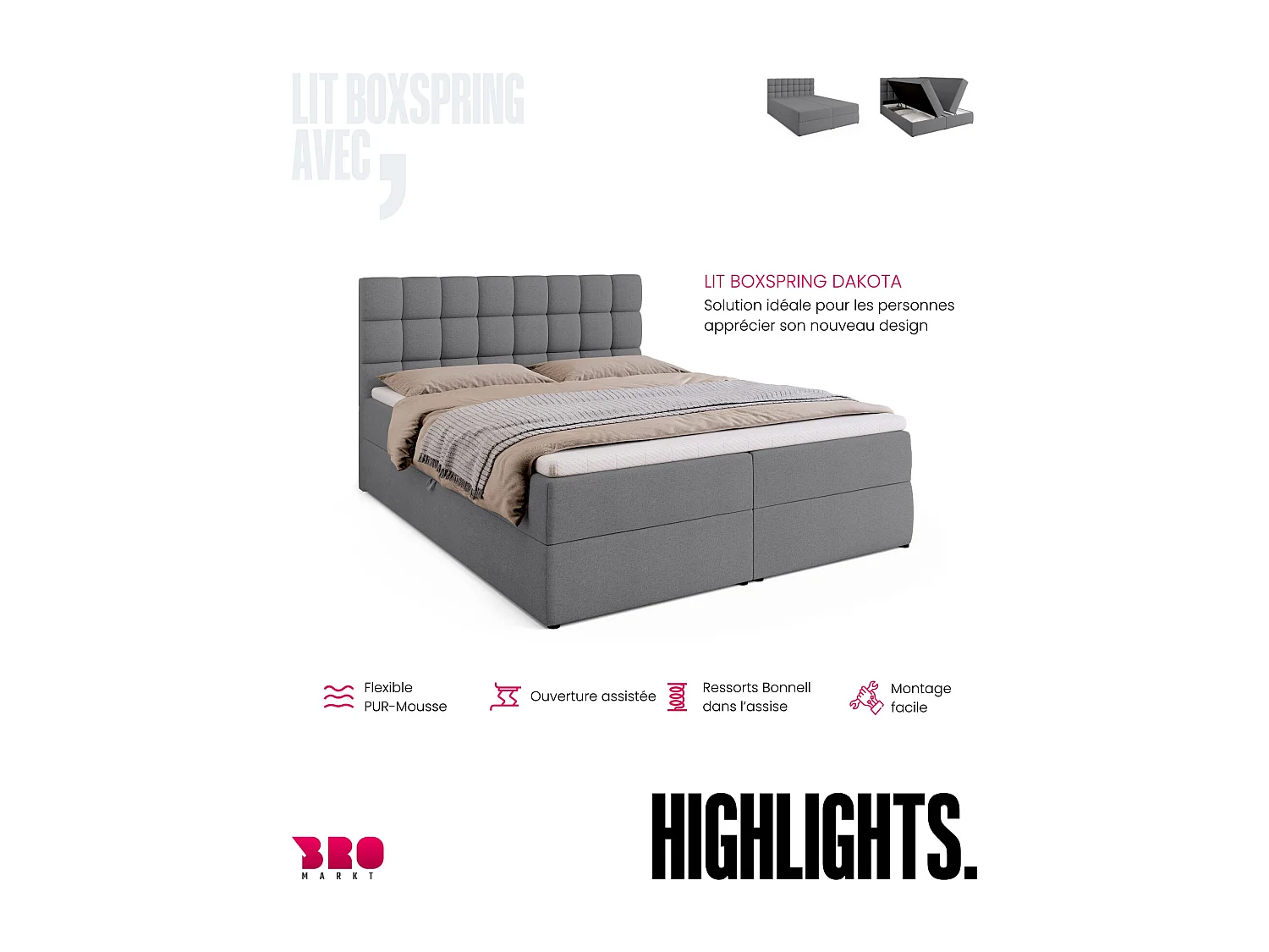 Lit boxspring avec rangement DAKOTA - matelas - surmatelas - gris - 160x200 cm