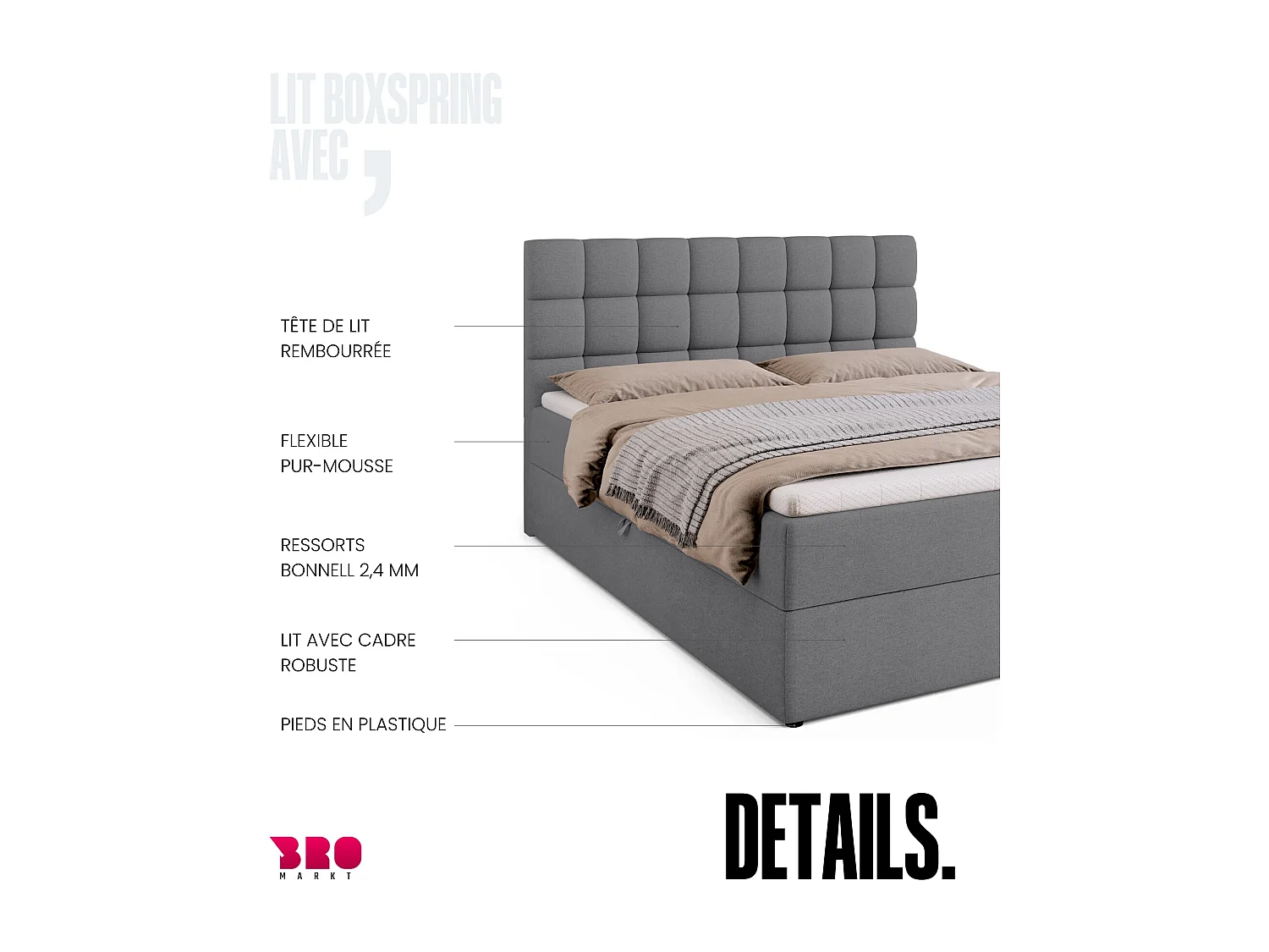 Lit boxspring avec rangement DAKOTA - matelas - surmatelas - gris - 160x200 cm