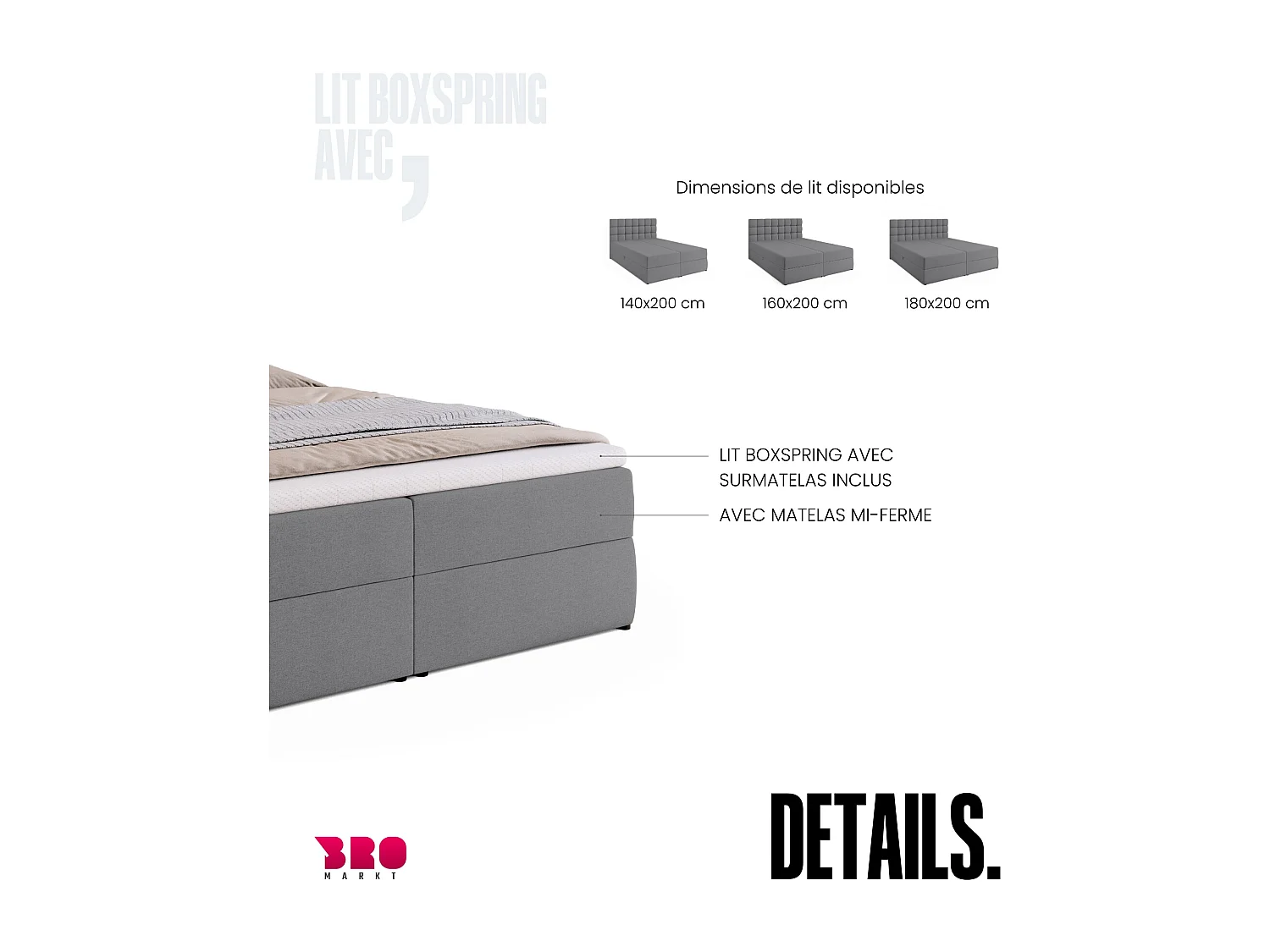 Lit boxspring avec rangement DAKOTA - matelas - surmatelas - gris - 160x200 cm