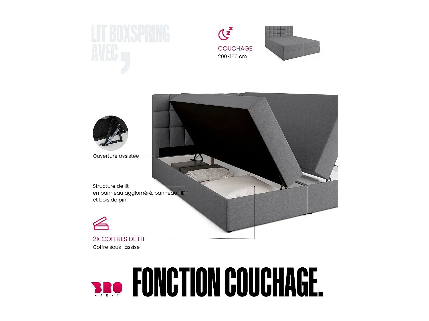 Lit boxspring avec rangement DAKOTA - matelas - surmatelas - gris - 160x200 cm