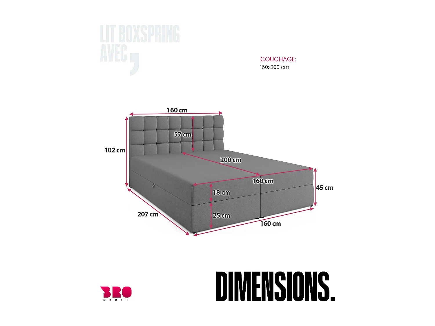 Lit boxspring avec rangement DAKOTA - matelas - surmatelas - gris - 160x200 cm
