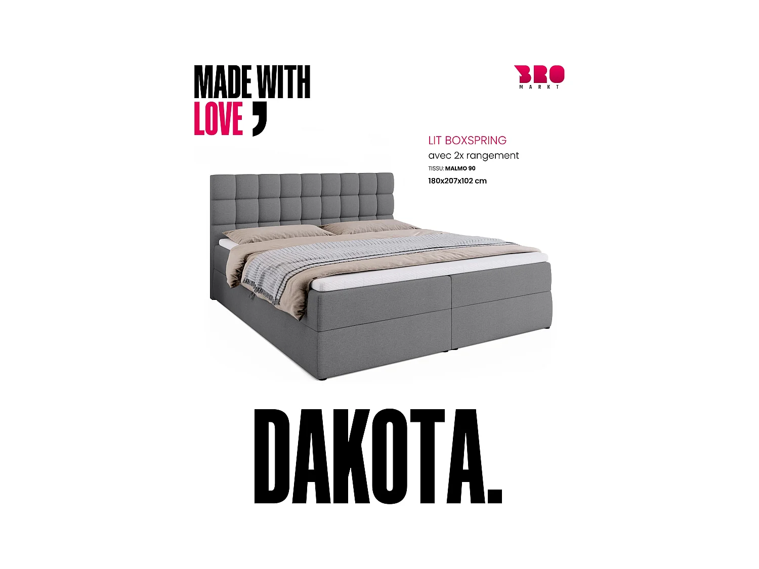 Boxspringbed met hoofdeinde, matras en dekmatras - DAKOTA - 180x200 - grijs