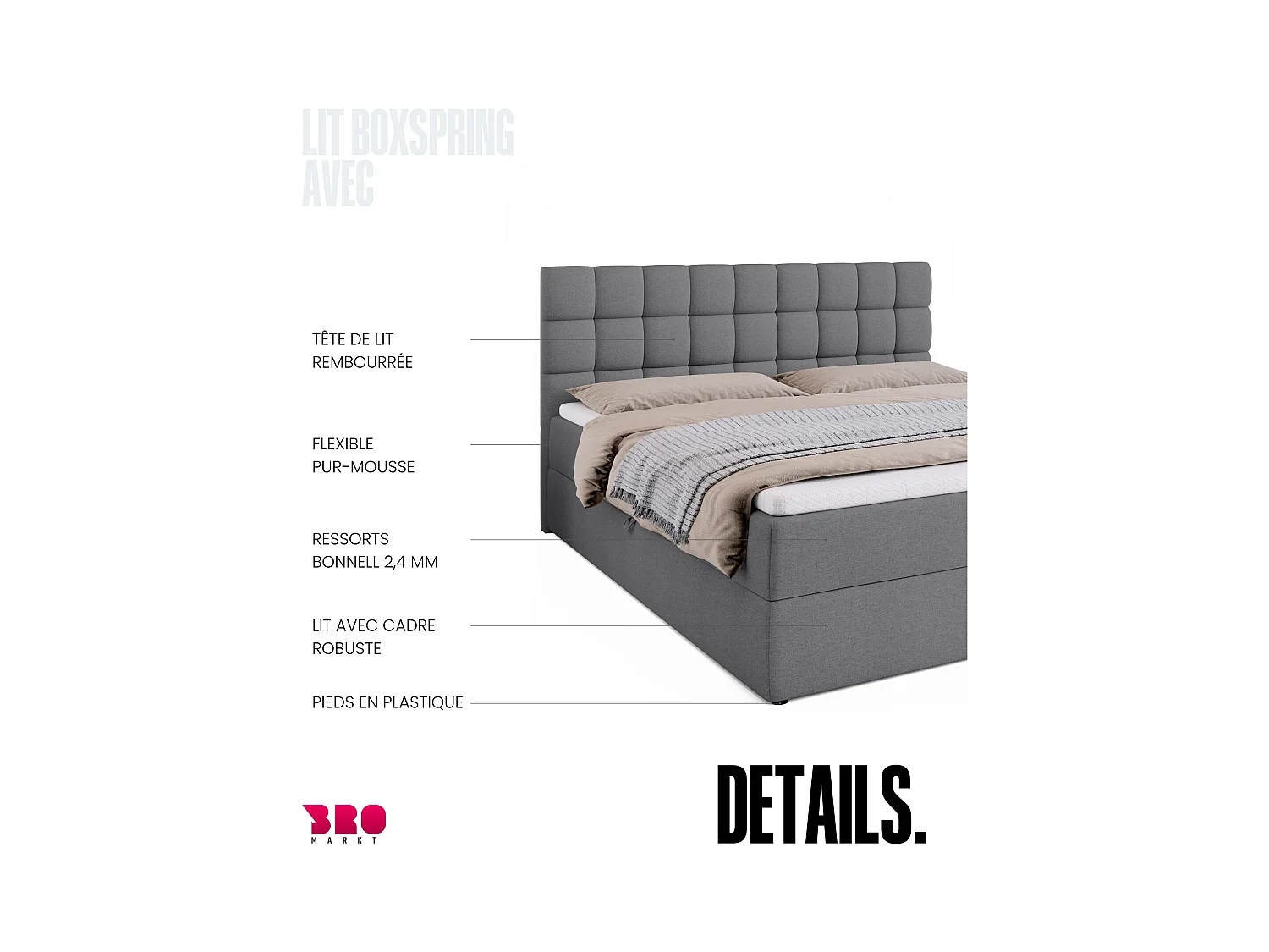 Boxspringbed met hoofdeinde, matras en dekmatras - DAKOTA - 180x200 - grijs
