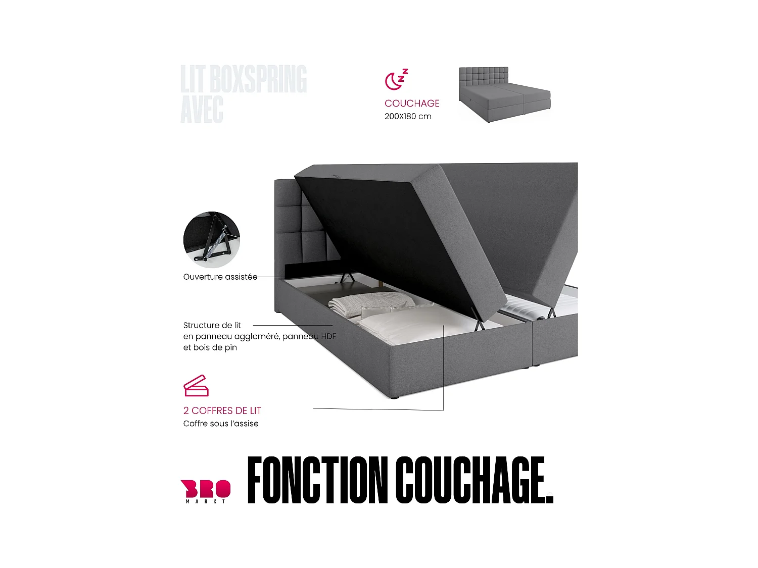 Boxspringbed met hoofdeinde, matras en dekmatras - DAKOTA - 180x200 - grijs