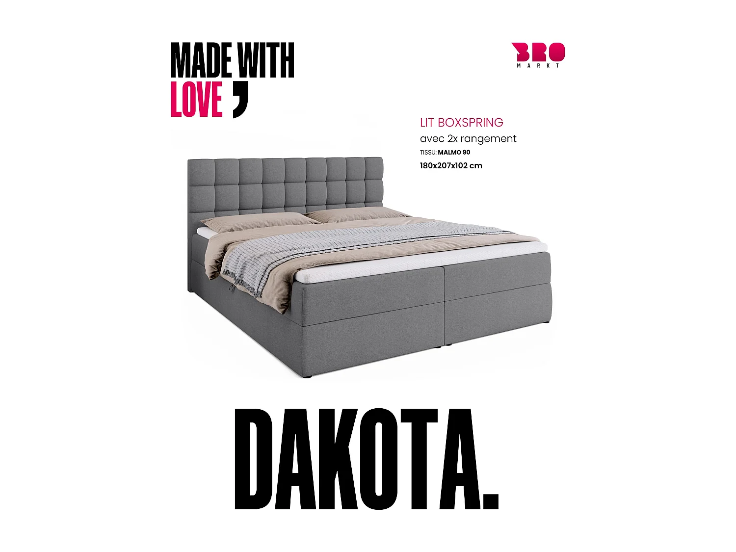 Lit boxspring avec rangement DAKOTA - matelas - surmatelas - gris - 180x200 cm