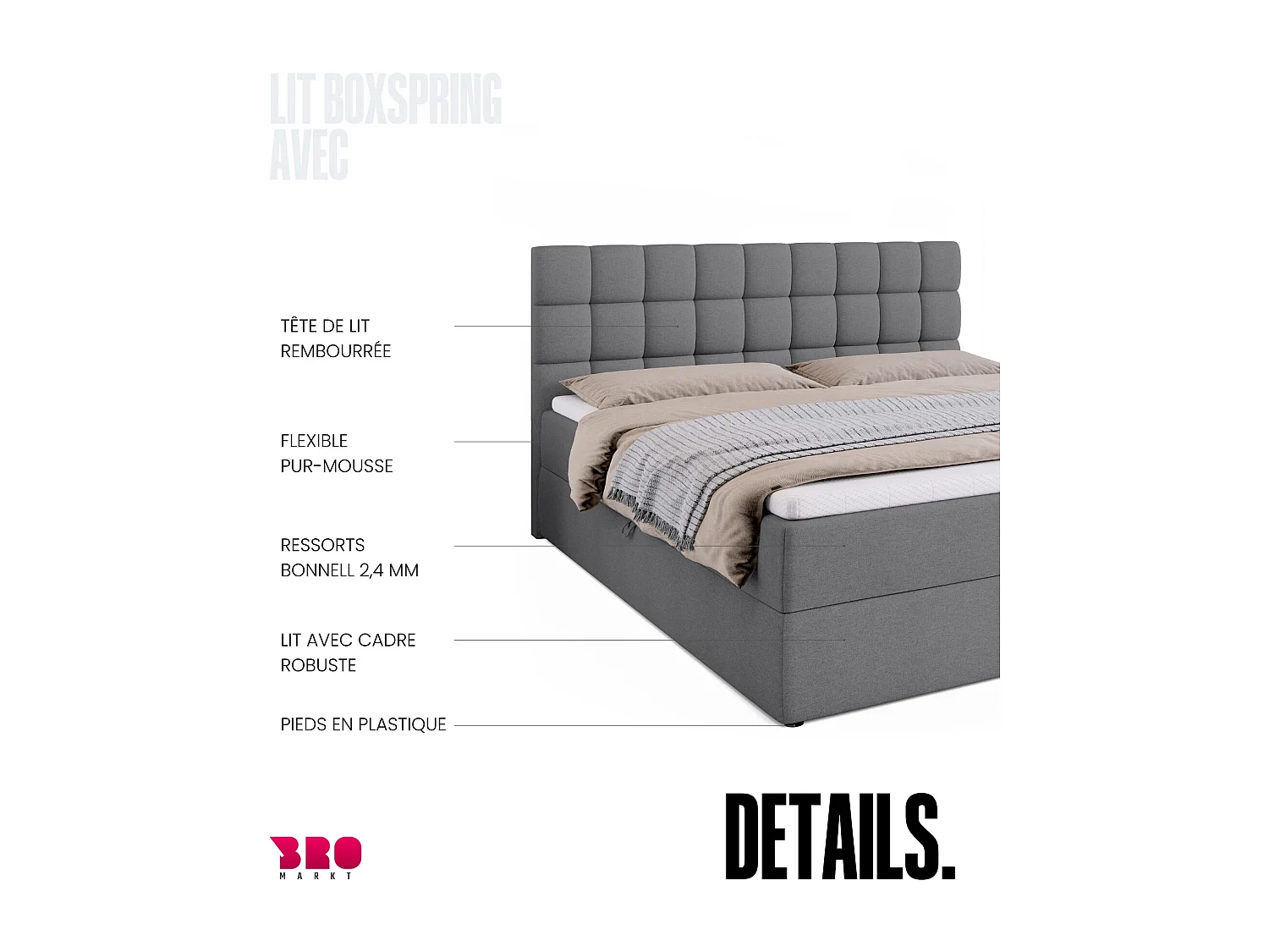 Lit boxspring avec rangement DAKOTA - matelas - surmatelas - gris - 180x200 cm