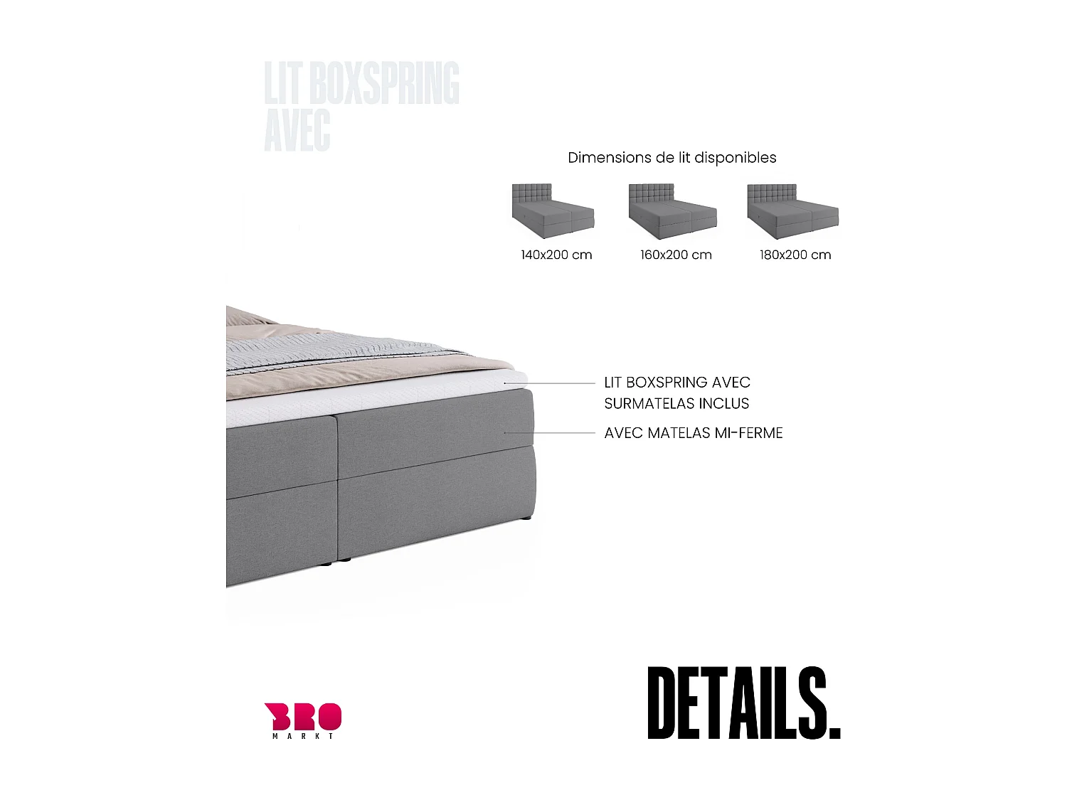 Lit boxspring avec rangement DAKOTA - matelas - surmatelas - gris - 180x200 cm