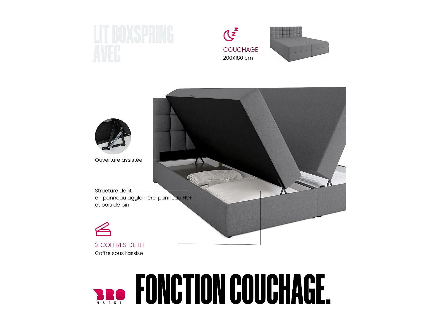 Lit boxspring avec rangement DAKOTA - matelas - surmatelas - gris - 180x200 cm
