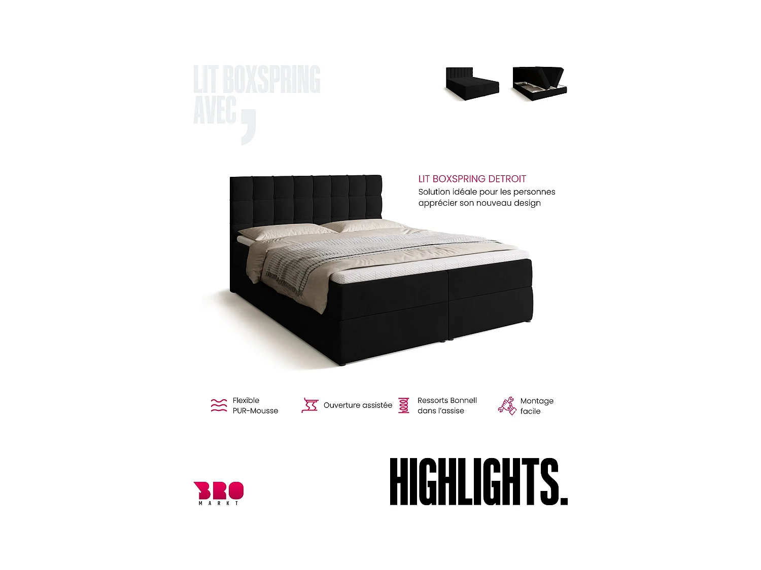 Boxspringbed met hoofdeinde, matras en dekmatras - DETROIT - 160x200 - zwart