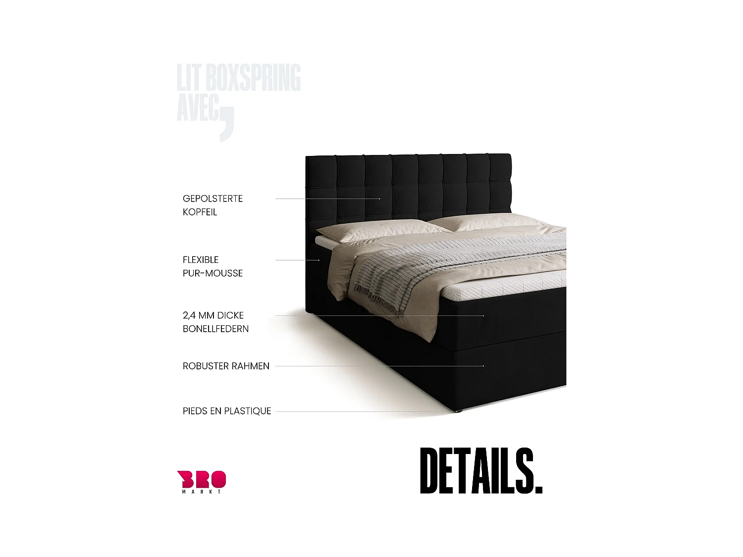 Boxspringbed met hoofdeinde, matras en dekmatras - DETROIT - 160x200 - zwart