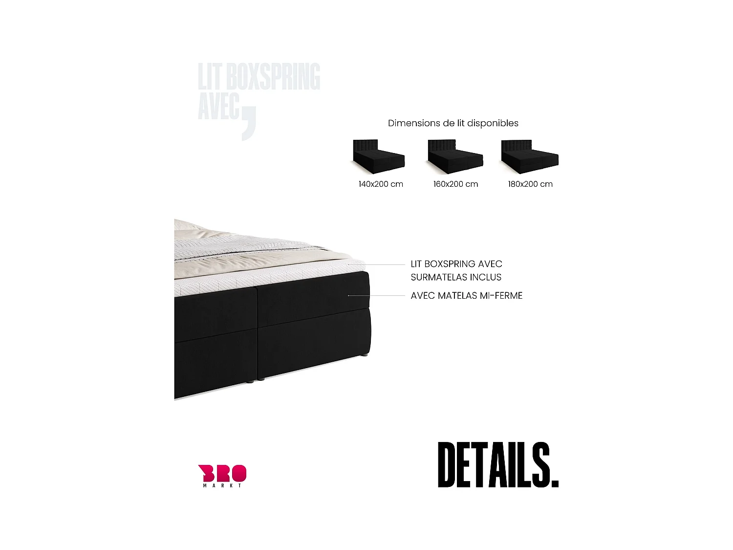 Boxspringbed met hoofdeinde, matras en dekmatras - DETROIT - 160x200 - zwart