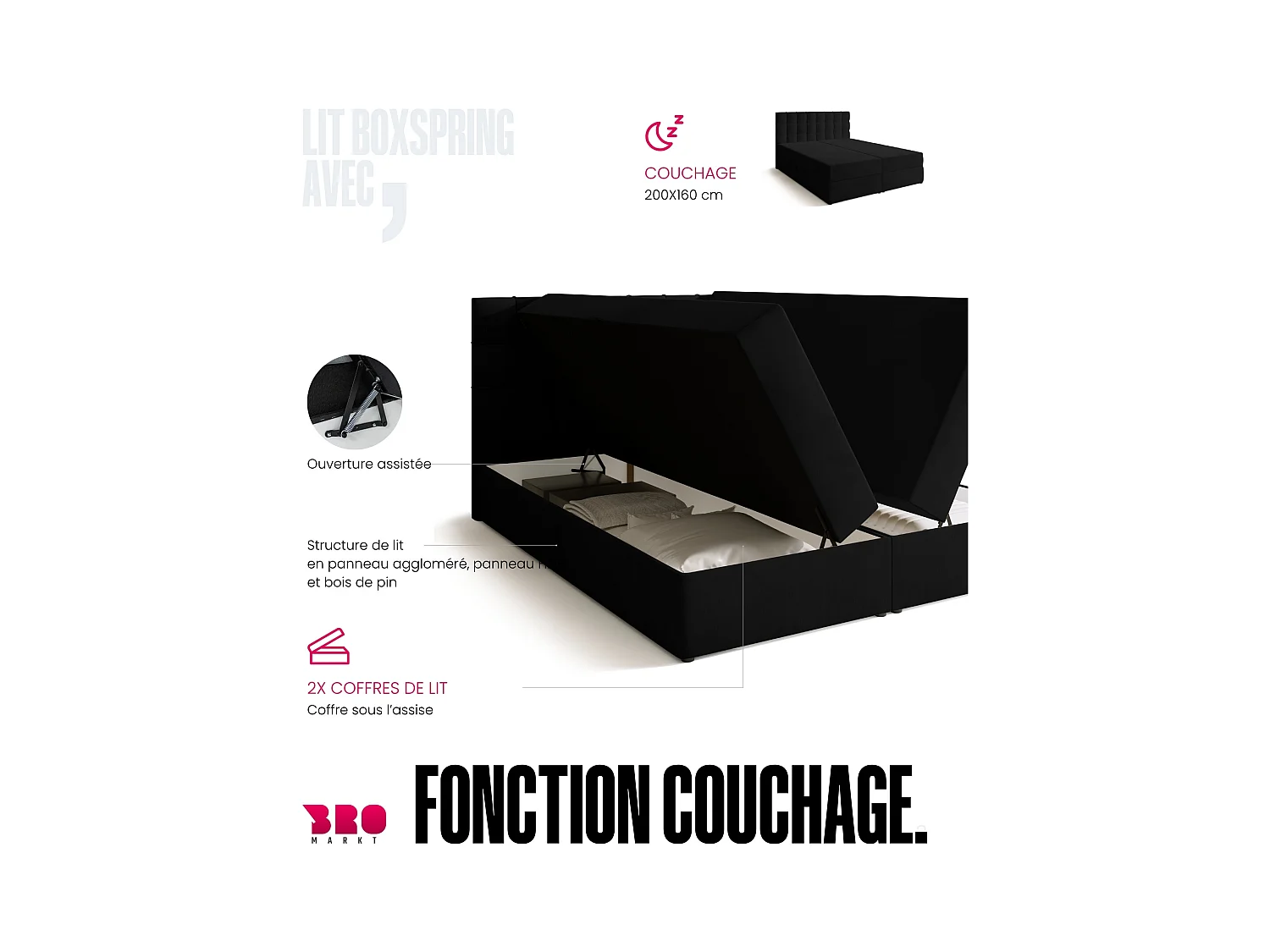 Boxspringbed met hoofdeinde, matras en dekmatras - DETROIT - 160x200 - zwart