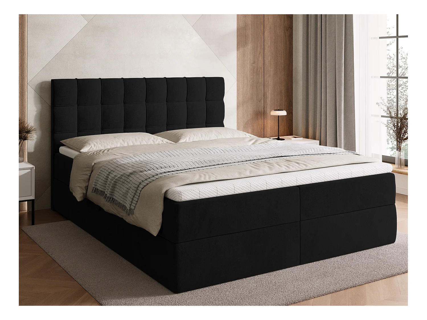 Lit boxspring avec rangement DETROIT - matelas - surmatelas - noir - 160x200 cm
