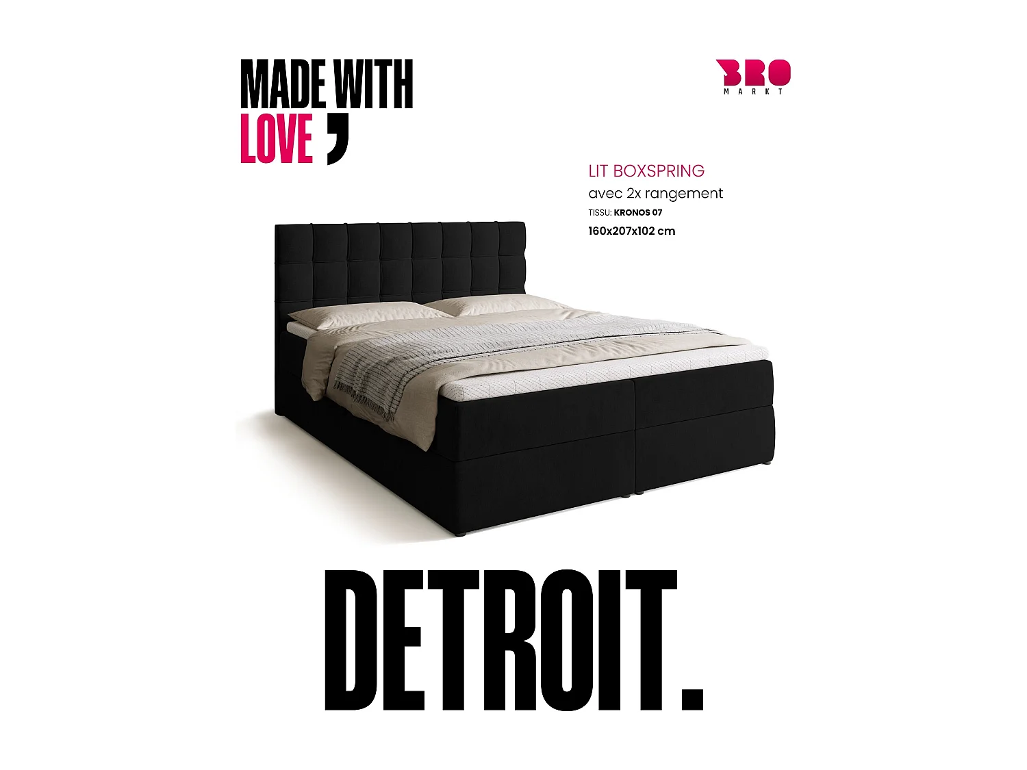 Lit boxspring avec rangement DETROIT - matelas - surmatelas - noir - 160x200 cm