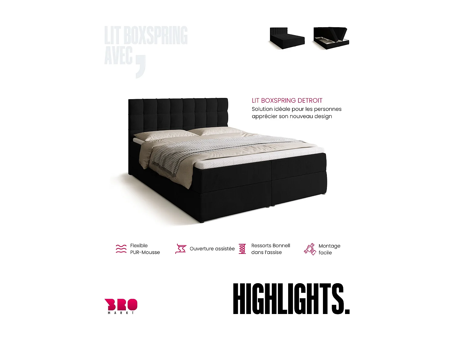 Lit boxspring avec rangement DETROIT - matelas - surmatelas - noir - 160x200 cm