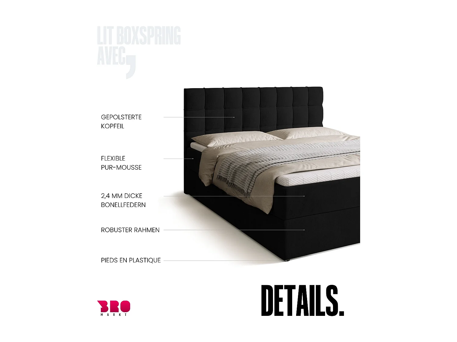 Lit boxspring avec rangement DETROIT - matelas - surmatelas - noir - 160x200 cm