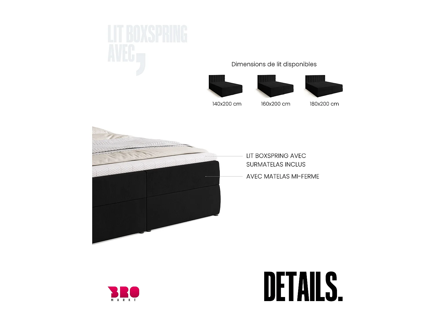 Lit boxspring avec rangement DETROIT - matelas - surmatelas - noir - 160x200 cm