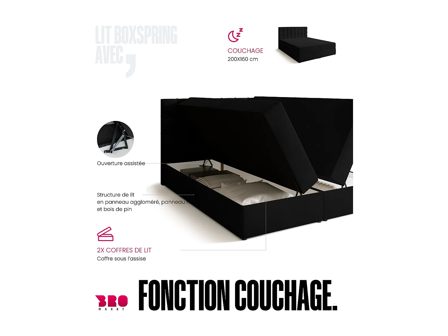 Lit boxspring avec rangement DETROIT - matelas - surmatelas - noir - 160x200 cm