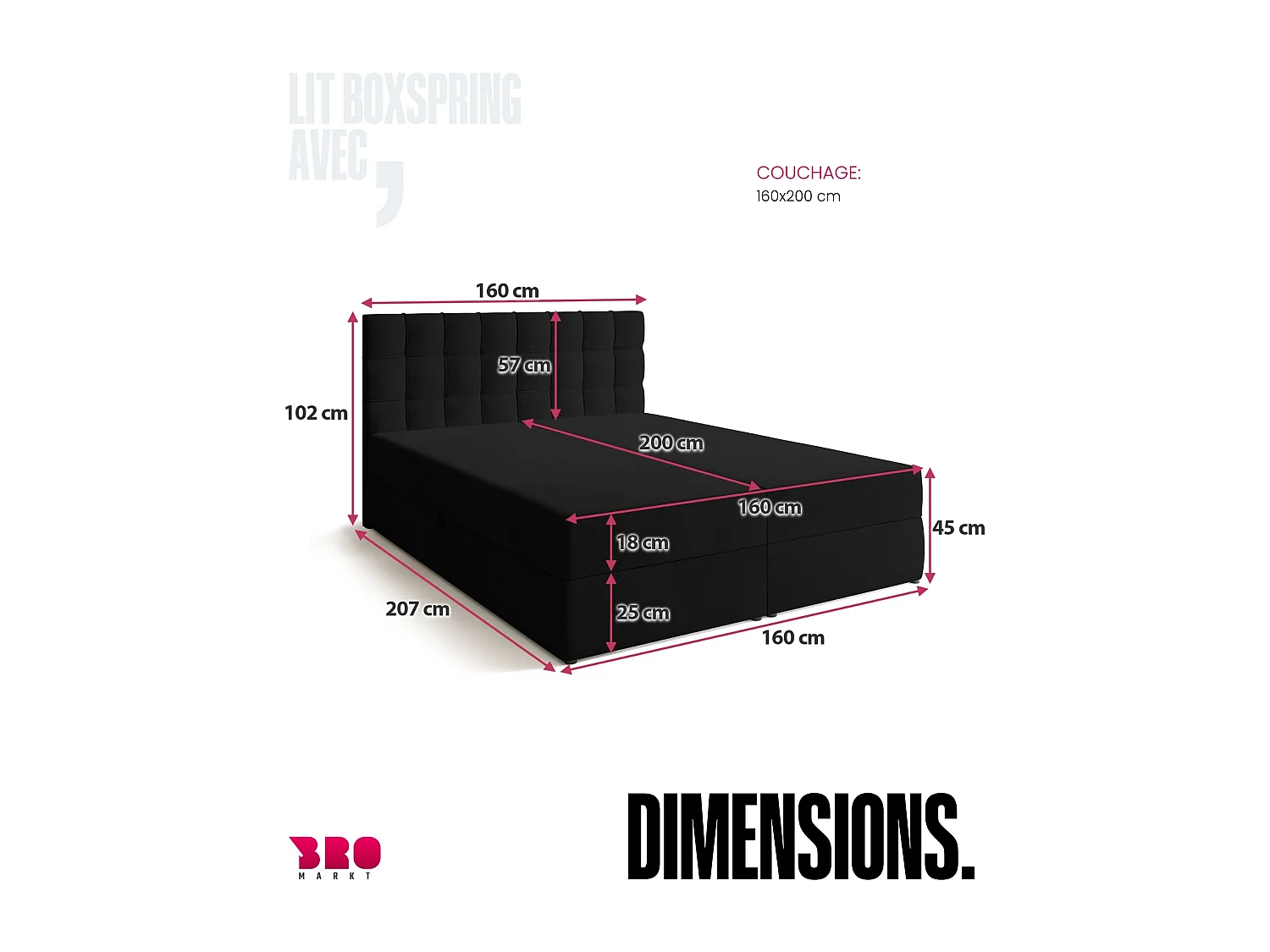 Lit boxspring avec rangement DETROIT - matelas - surmatelas - noir - 160x200 cm