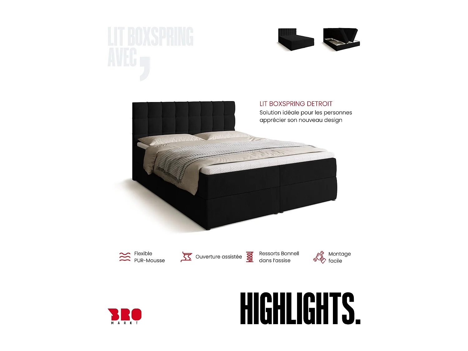 Lit boxspring avec rangement DETROIT - matelas - surmatelas - noir - 160x200 cm