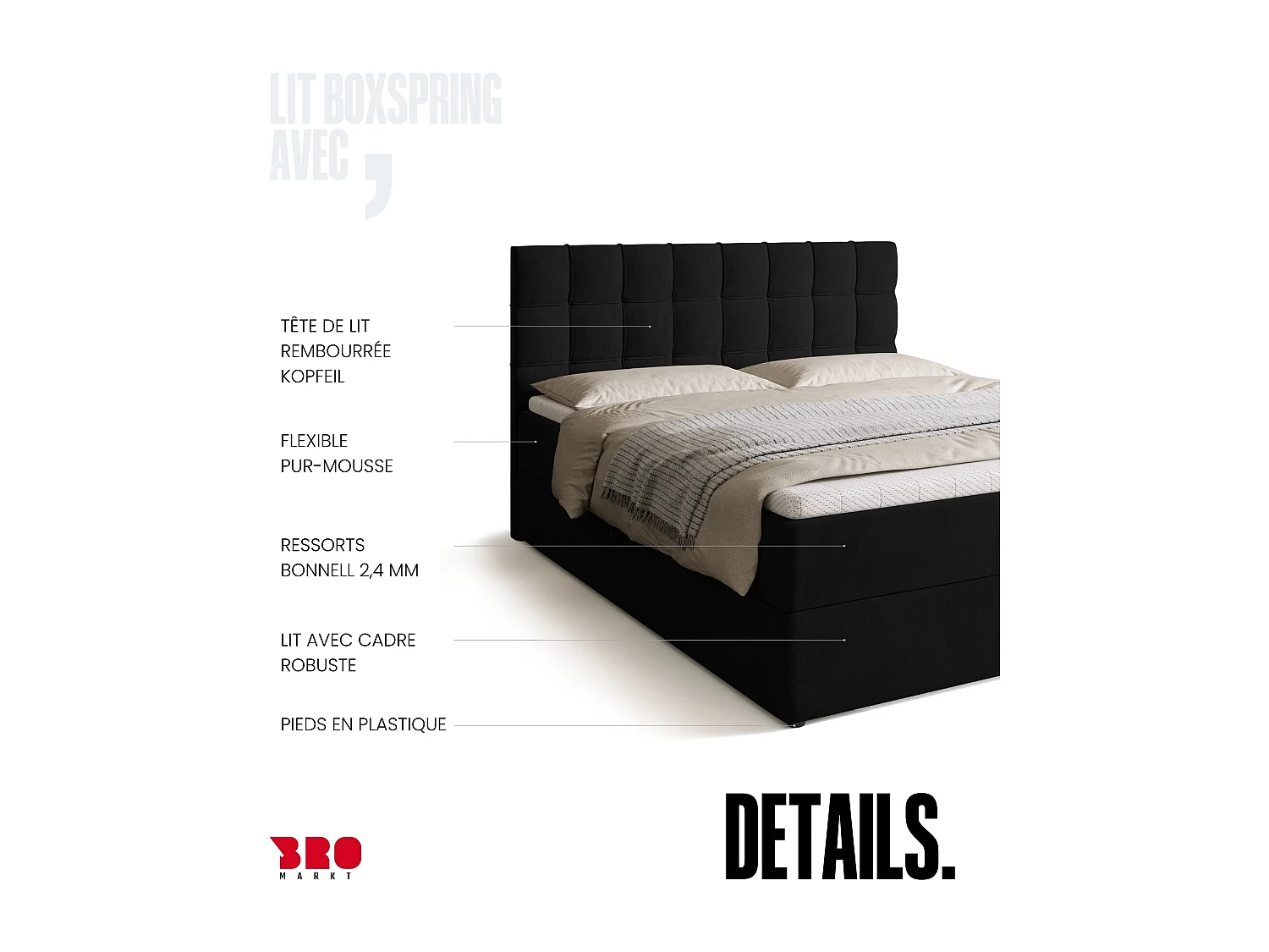 Lit boxspring avec rangement DETROIT - matelas - surmatelas - noir - 160x200 cm