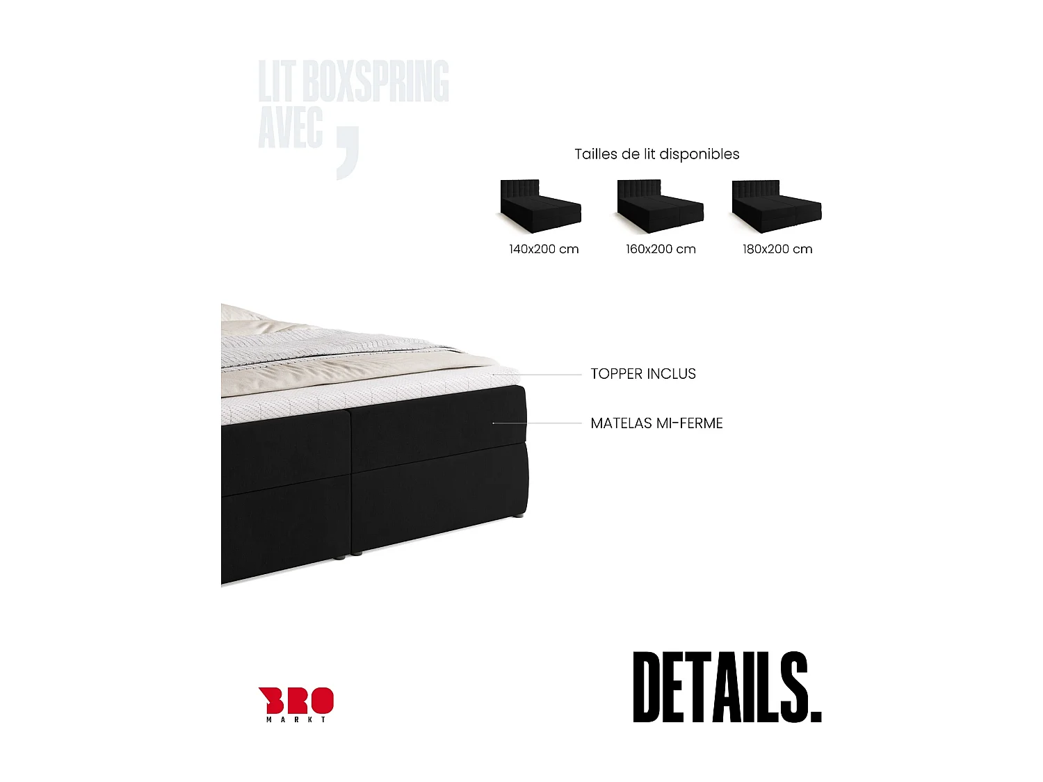 Lit boxspring avec rangement DETROIT - matelas - surmatelas - noir - 160x200 cm