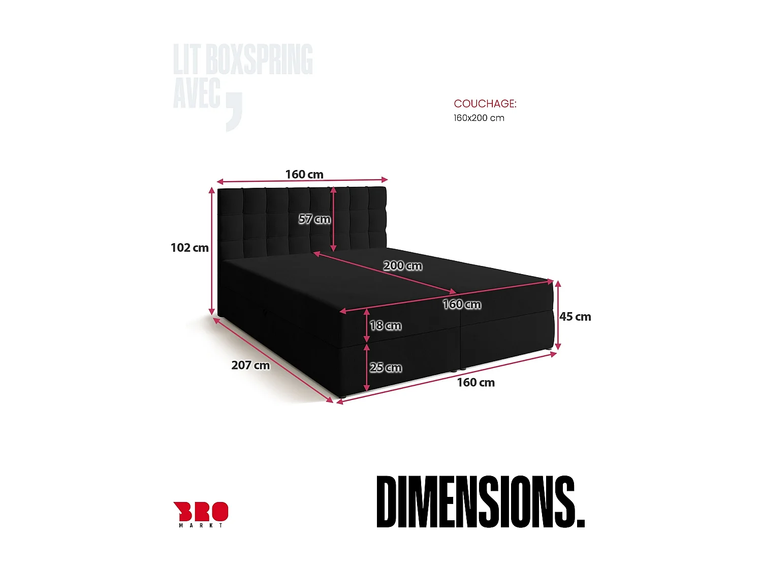 Lit boxspring avec rangement DETROIT - matelas - surmatelas - noir - 160x200 cm