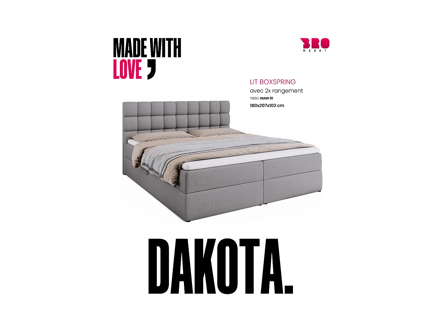 Boxspringbed met hoofdeinde, matras en dekmatras - DAKOTA - 180x200 - grijs