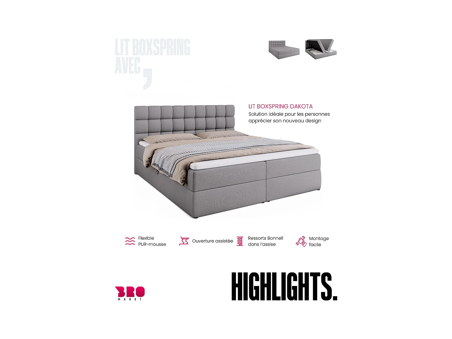 Boxspringbed met hoofdeinde, matras en dekmatras - DAKOTA - 180x200 - grijs