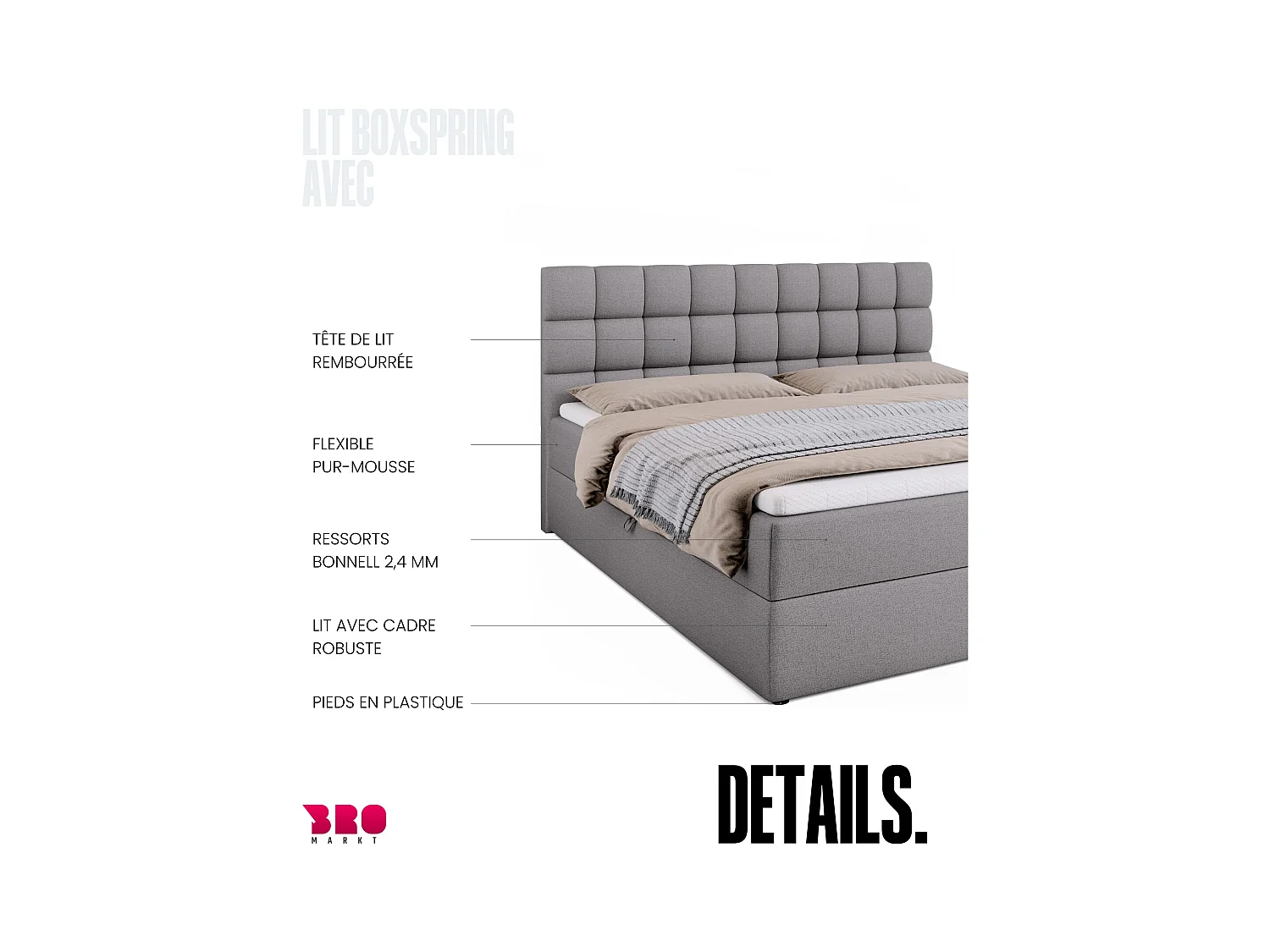 Boxspringbed met hoofdeinde, matras en dekmatras - DAKOTA - 180x200 - grijs