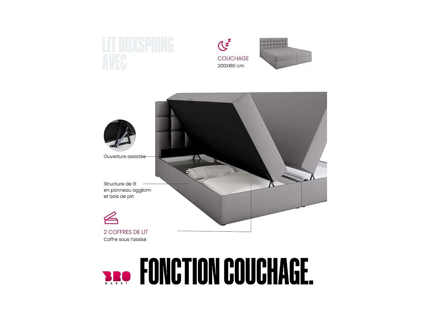 Boxspringbed met hoofdeinde, matras en dekmatras - DAKOTA - 180x200 - grijs