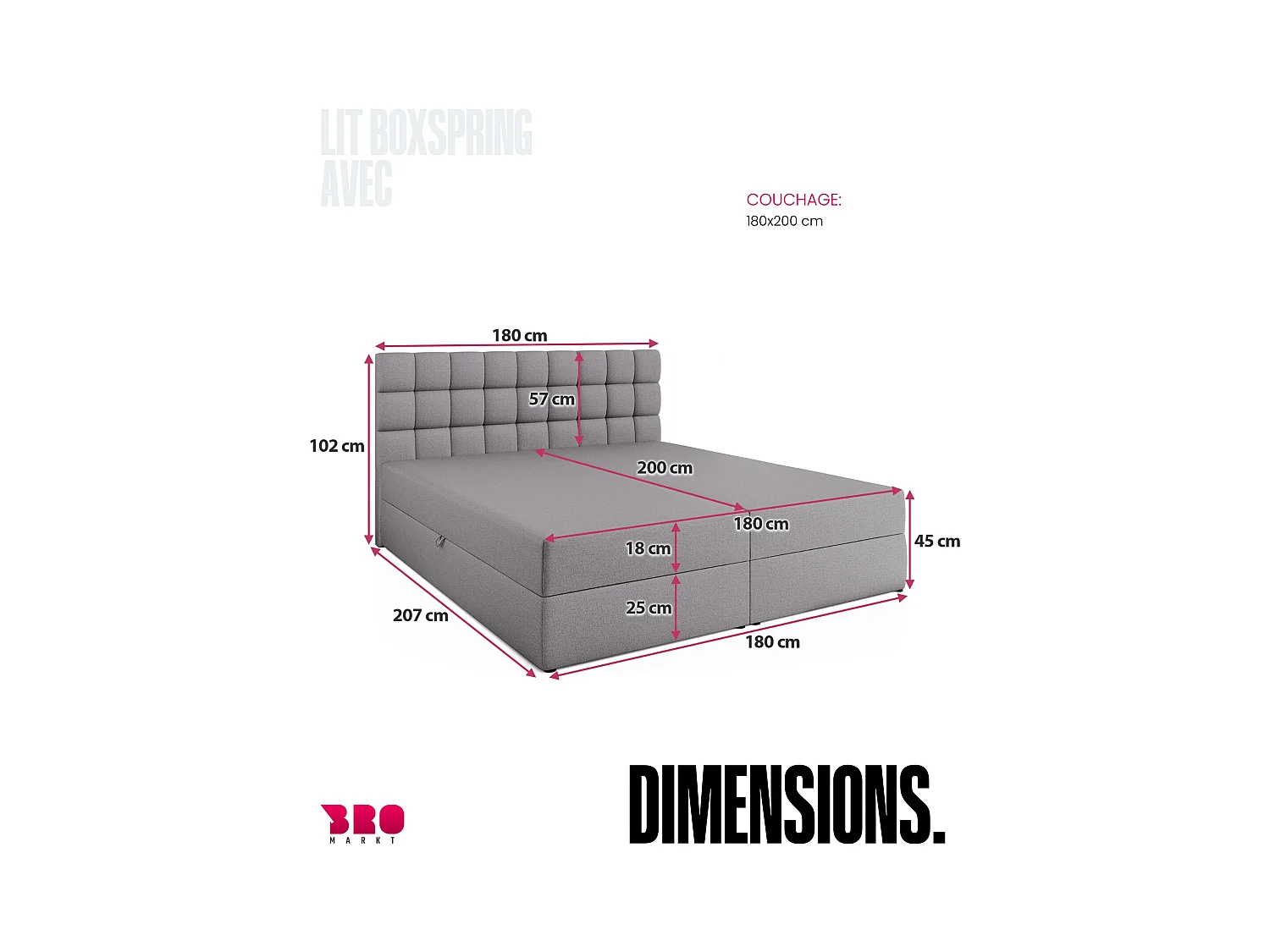 Boxspringbed met hoofdeinde, matras en dekmatras - DAKOTA - 180x200 - grijs