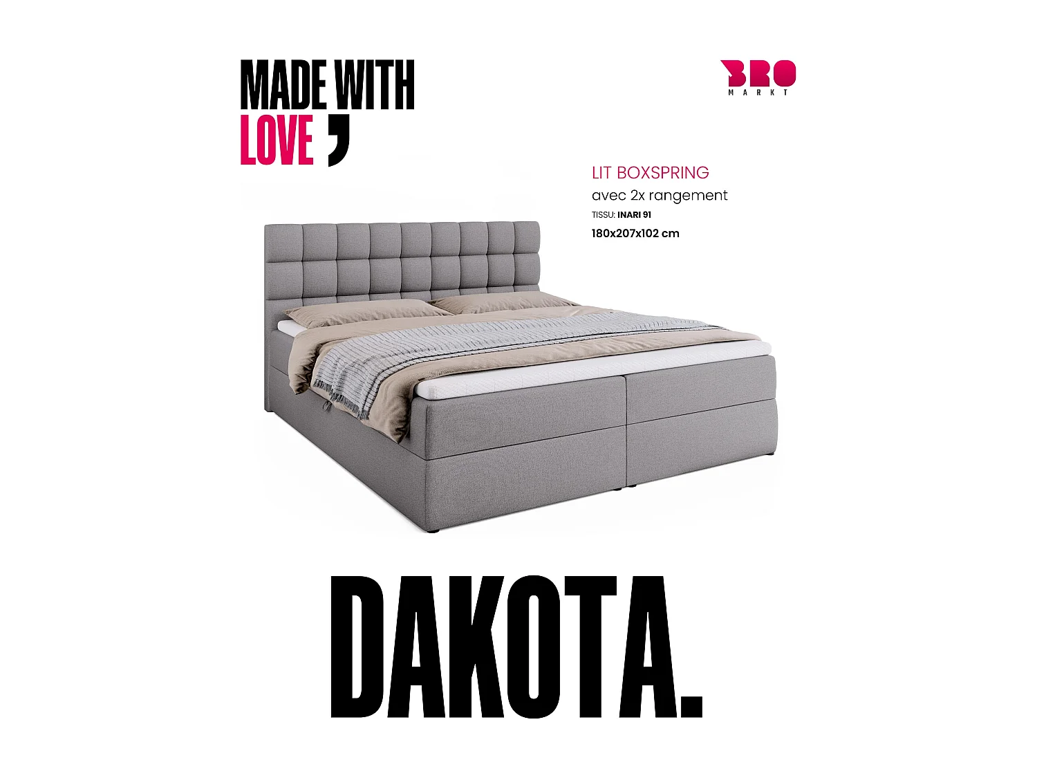 Lit boxspring avec rangement DAKOTA - matelas - surmatelas - gris - 180x200 cm
