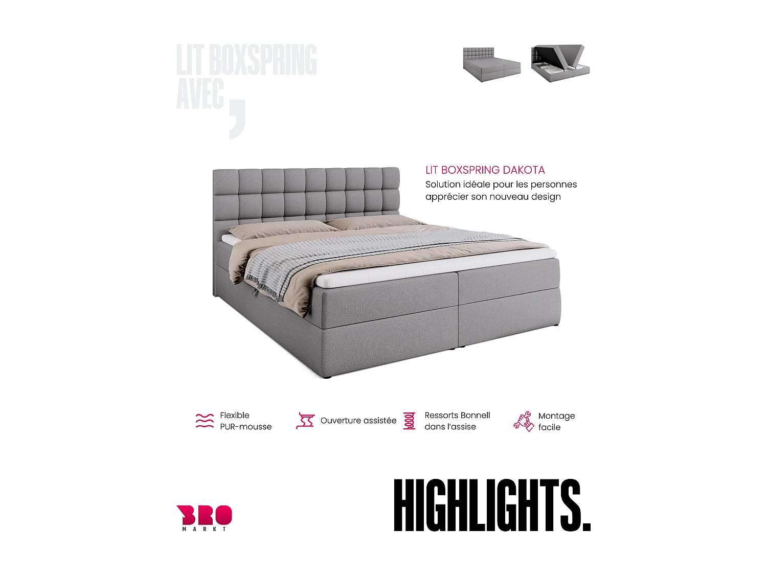 Lit boxspring avec rangement DAKOTA - matelas - surmatelas - gris - 180x200 cm